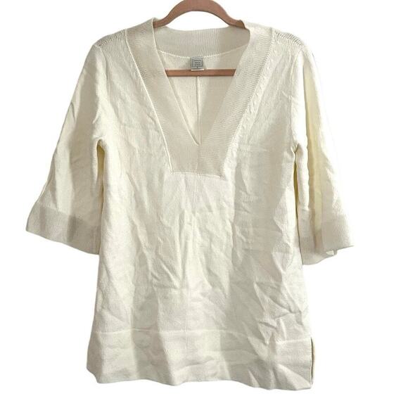 BARBARA WELLS STUDIO Cream Knit Tunic Top Shirt V-Neck - Women’s Sz Small - Picture 1 of 5